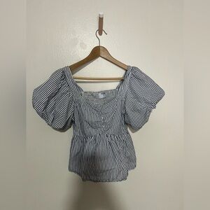 Old Navy Blue and White Striped Puff Sleeve Blouse